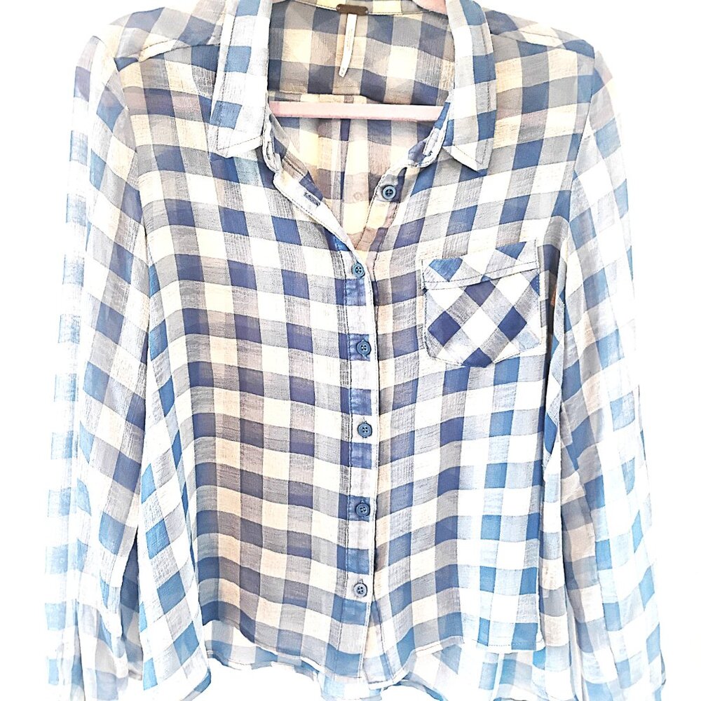 Free People Austin Plaid Button down Blouse, Blue and Off-White, Size M